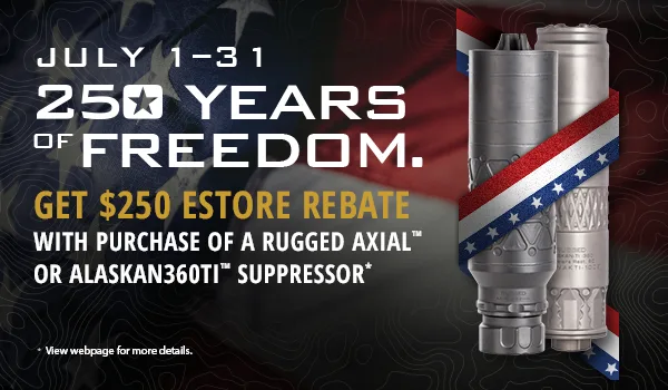 Rugged Suppressors USA-250 $250 rebate — July 2026 promo (Axial & Alaskan360Ti)