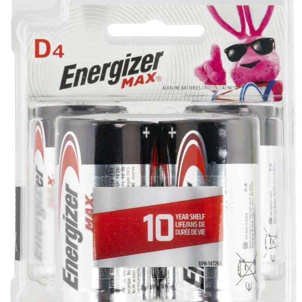 Energizer E95BP4 MAX D Batteries  Black & Silver Alkaline 1.5 Volt, Qty (4) Single Pack