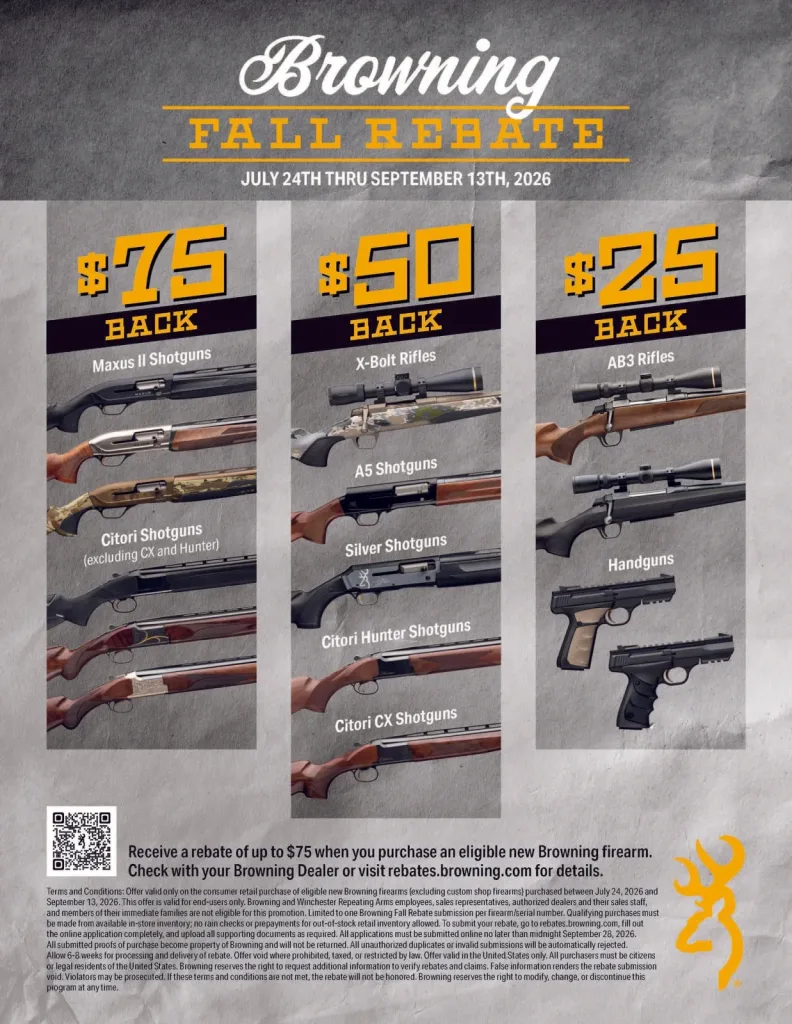Browning Fall Firearms Rebate 2026 — up to $75 back on Citori, Maxus II, A5, Silver and X-Bolt