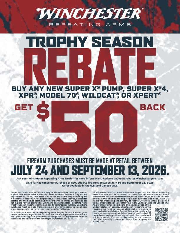 Winchester Trophy Season rebate flyer — $50 back on SXP, SX4, XPR, Model 70, Wildcat and Xpert