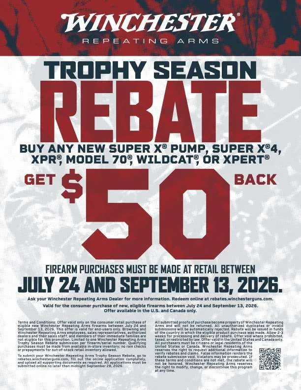 Winchester Trophy Season rebate flyer — $50 back on SXP, SX4, XPR, Model 70, Wildcat and Xpert