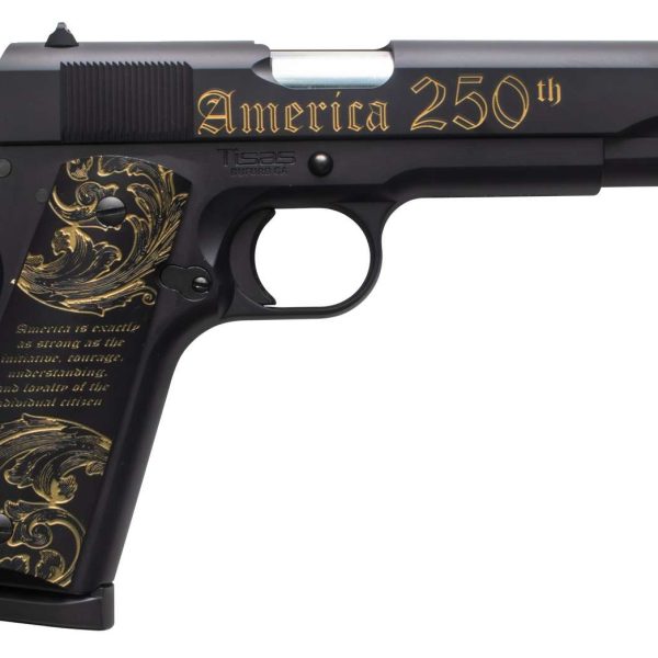 Tisas Arms 10100518US250 1911 America's 250th Full Size 45 ACP 7+1 5" Stainless Barrel, Black w/Gold Engraving Steel Serrated Slide, Black w/Gold Engraving Steel Frame w/Beavertail, Black w/Gold Accen