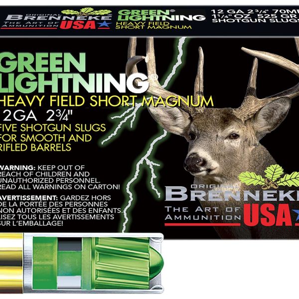 Brenneke SL122HFSGL Green Lightning Heavy Field 12Gauge 2.75" 1 1/4oz Slug Shot 5 Per Box/50 Case