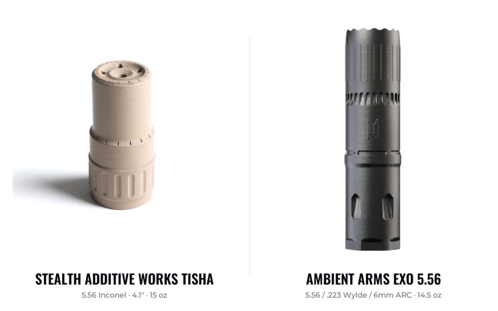 The two prize suppressors: a tan Stealth Additive Works Tisha 5.56 Inconel K-can and a black Ambient Arms EXO 5.56