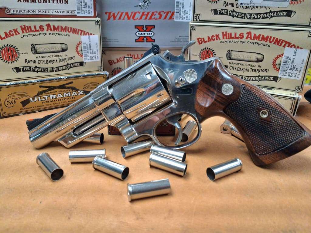 Smith & Wesson Pre-Model 29 S169056, right side, with .44 Magnum cases